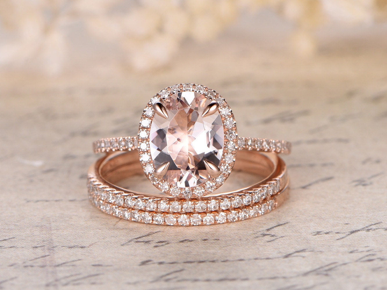 6x8mm-oval-cut-morganite-engagement-ring-set-3pcs-14k-rose-gold-diamond-halo-half-eternity-two-thin-diamond-band