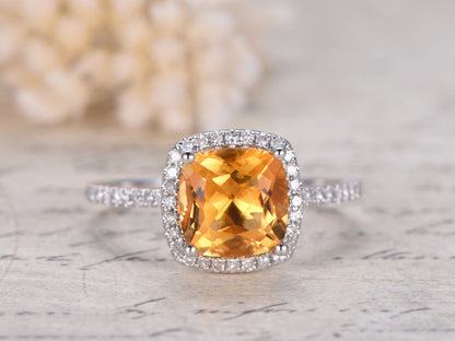 8mm Cushion Cut Citrine Engagement Ring 14K White Gold Diamond Halo Design Half Eternity