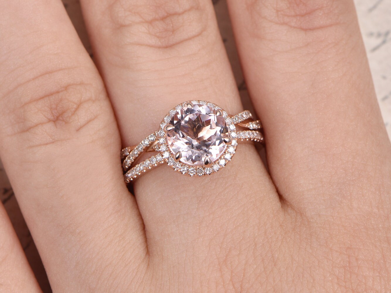 8mm-round-cut-morganite-engagement-ring-set-2pcs-14k-rose-gold-diamond-halo-design-full-eternity-infinity-matching-band