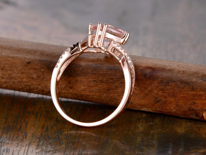 Bague en or rose 14 carats avec morganite rose de 8 mm, alliance torsadée à anneau fendu, bague de fiançailles avec morganite coussin et diamant naturel SI-H