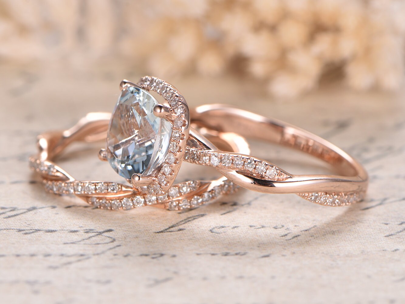 Bague de fiançailles en aigue-marine, anneau fendu serti de diamants, alliance sertie d'aigue-marine et de diamants, ensemble de 2 bagues de mariage.