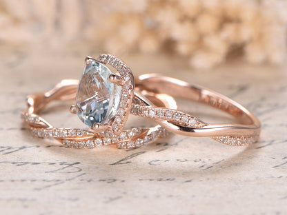 Bague de fiançailles en aigue-marine, anneau fendu serti de diamants, alliance sertie d'aigue-marine et de diamants, ensemble de 2 bagues de mariage.