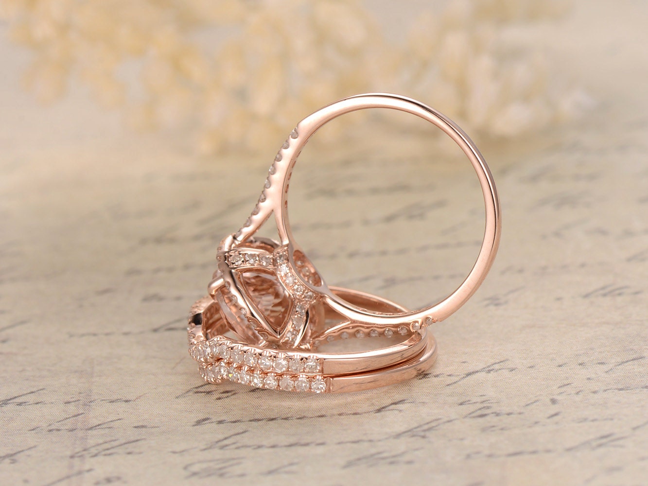 8mm Round Cut Morganite Engagement Ring Set 3pcs 14K Rose Gold Diamond Halo Half Eternity | Two Curved Band