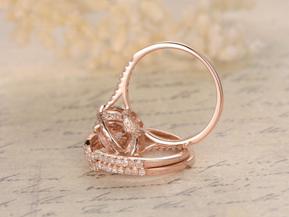 8mm Round Cut Morganite Engagement Ring Set 3pcs 14K Rose Gold Diamond Halo Half Eternity | Two Curved Band
