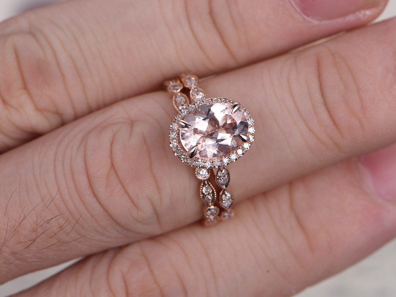 7x9mm Oval Cut Morganite Engagement Ring Set 2pcs 14K Rose Gold Diamond Halo | Full Eternity Art Deco Matching Band