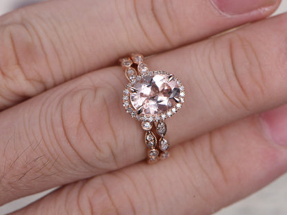 7x9mm Oval Cut Morganite Engagement Ring Set 2pcs 14K Rose Gold Diamond Halo | Full Eternity Art Deco Matching Band