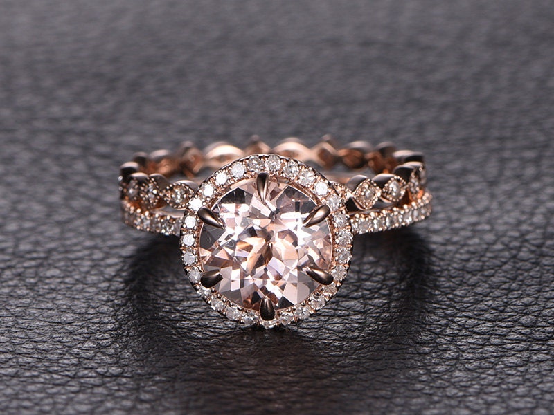 8mm Round Cut Morganite Engagement Ring Set 2pcs 14K Rose Gold Diamond Halo | Full Eternity Art Deco Band