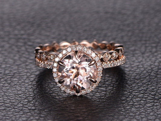 8mm Round Cut Morganite Engagement Ring Set 2pcs 14K Rose Gold Diamond Halo | Full Eternity Art Deco Band