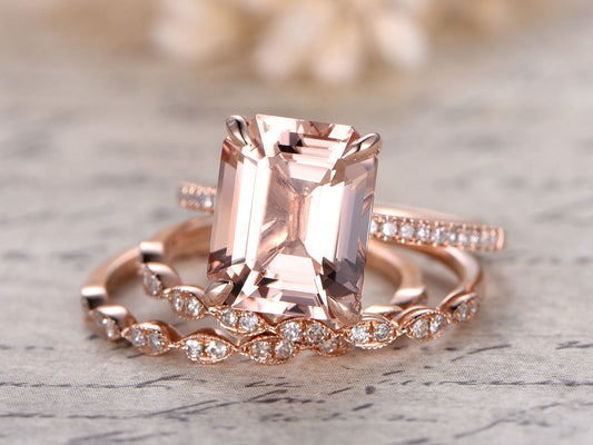 9x11mm Emerald Cut Morganite Engagement Ring Set 3pcs Solitaire | Two Art Deco Matching Band