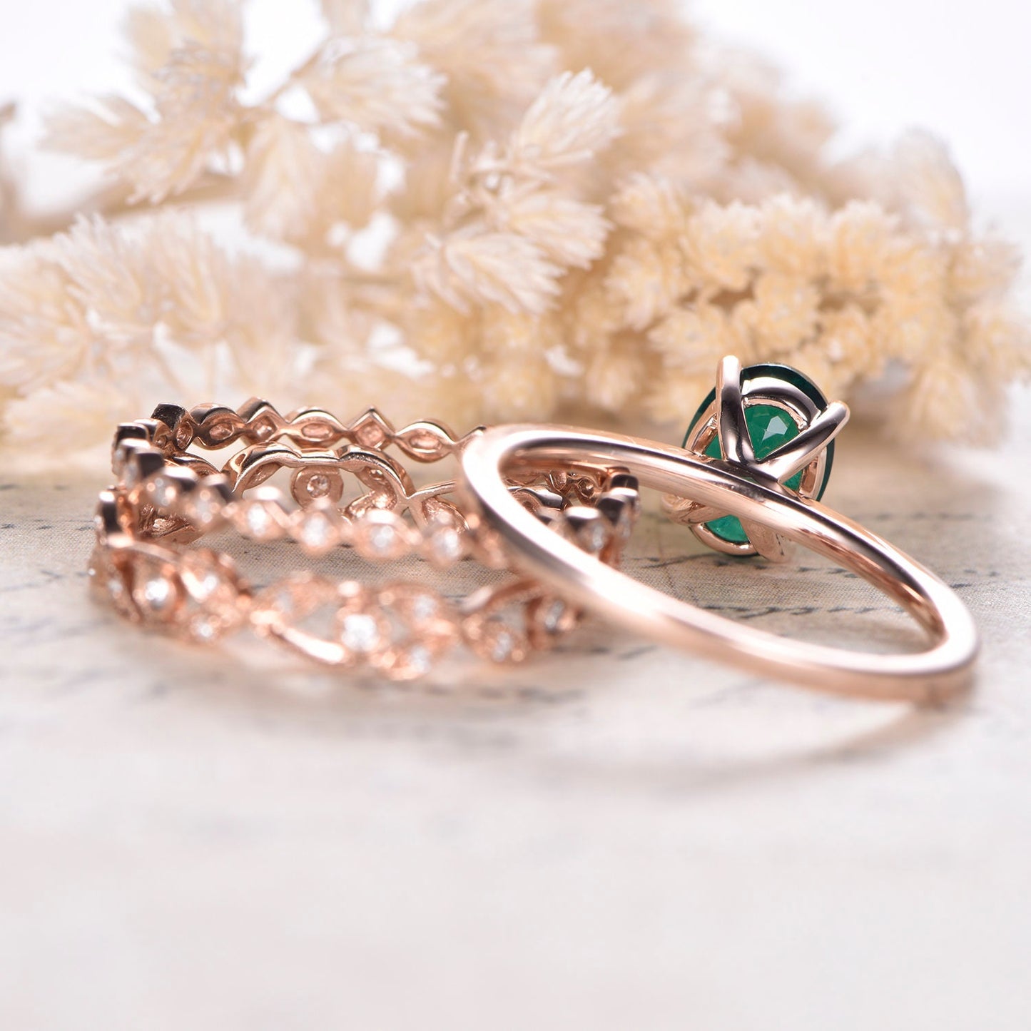 6x8mm-oval-cut-emerald-engagement-ring-set-3pcs-14k-rose-gold-plain-band-solitaire-two-art-deco-band