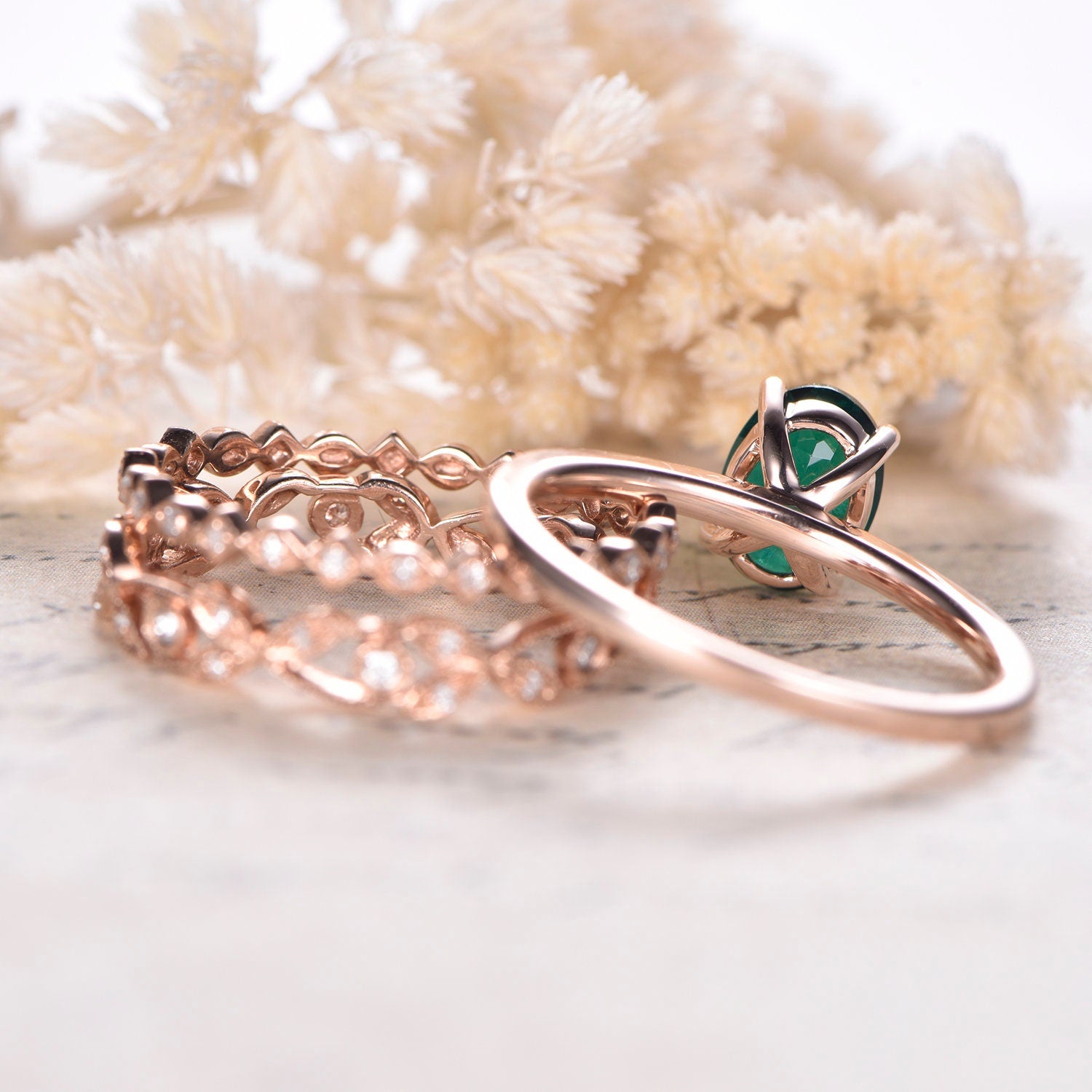 6x8mm-oval-cut-emerald-engagement-ring-set-3pcs-14k-rose-gold-plain-band-solitaire-two-art-deco-band