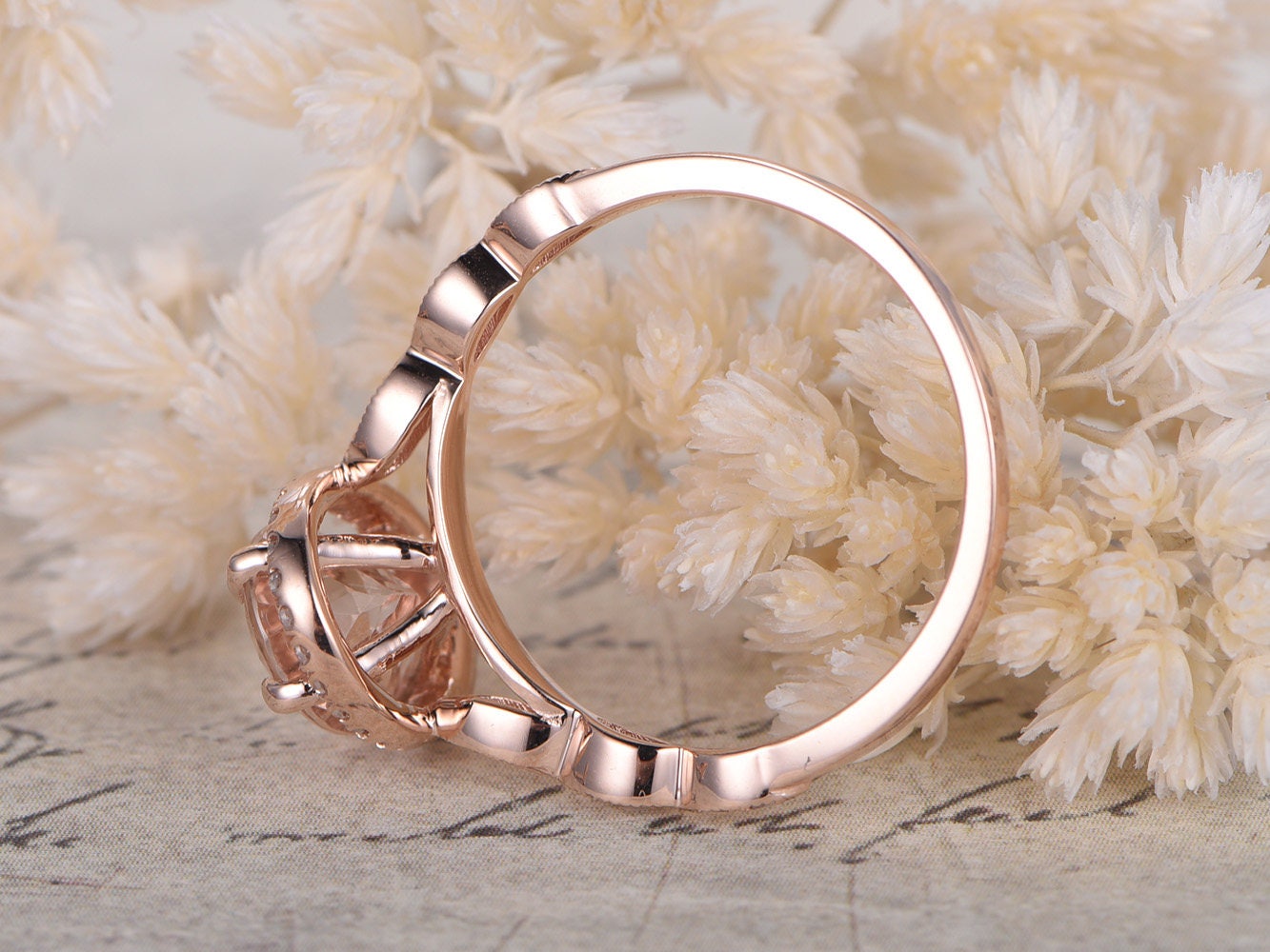 Bague en or rose 14 carats sertie de diamants pavés, alliance, bague de promesse, bague de fiançailles, morganite rose, diamant taille marquise, bague de fiançailles ovale en morganite 7x9mm