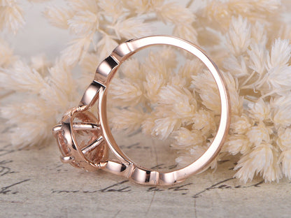 Bague en or rose 14 carats sertie de diamants pavés, alliance, bague de promesse, bague de fiançailles, morganite rose, diamant taille marquise, bague de fiançailles ovale en morganite 7x9mm