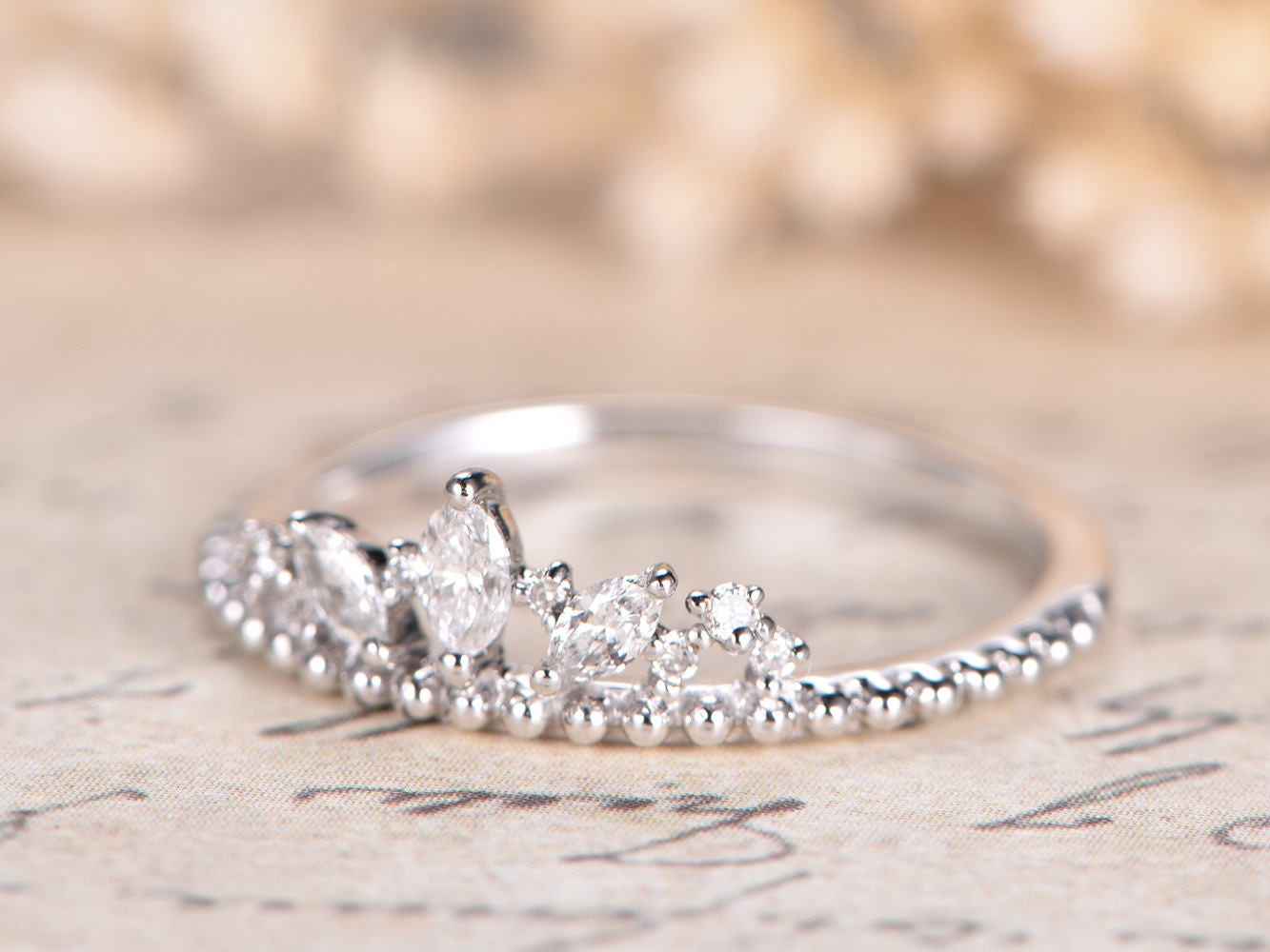 marquise-shaped-crown-diamond-wedding-band-14k-white-gold-ball-design-plain-band