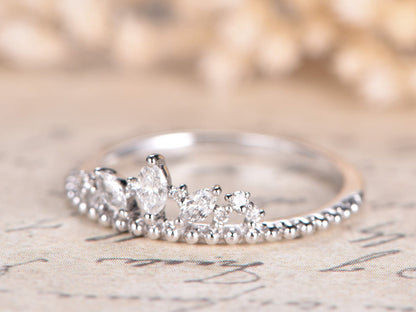 marquise-shaped-crown-diamond-wedding-band-14k-white-gold-ball-design-plain-band