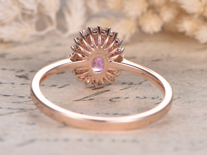 5x7mm Oval Cut Pink Sapphire Engagement Ring 14K Rose Gold Diamond Halo Plain Band