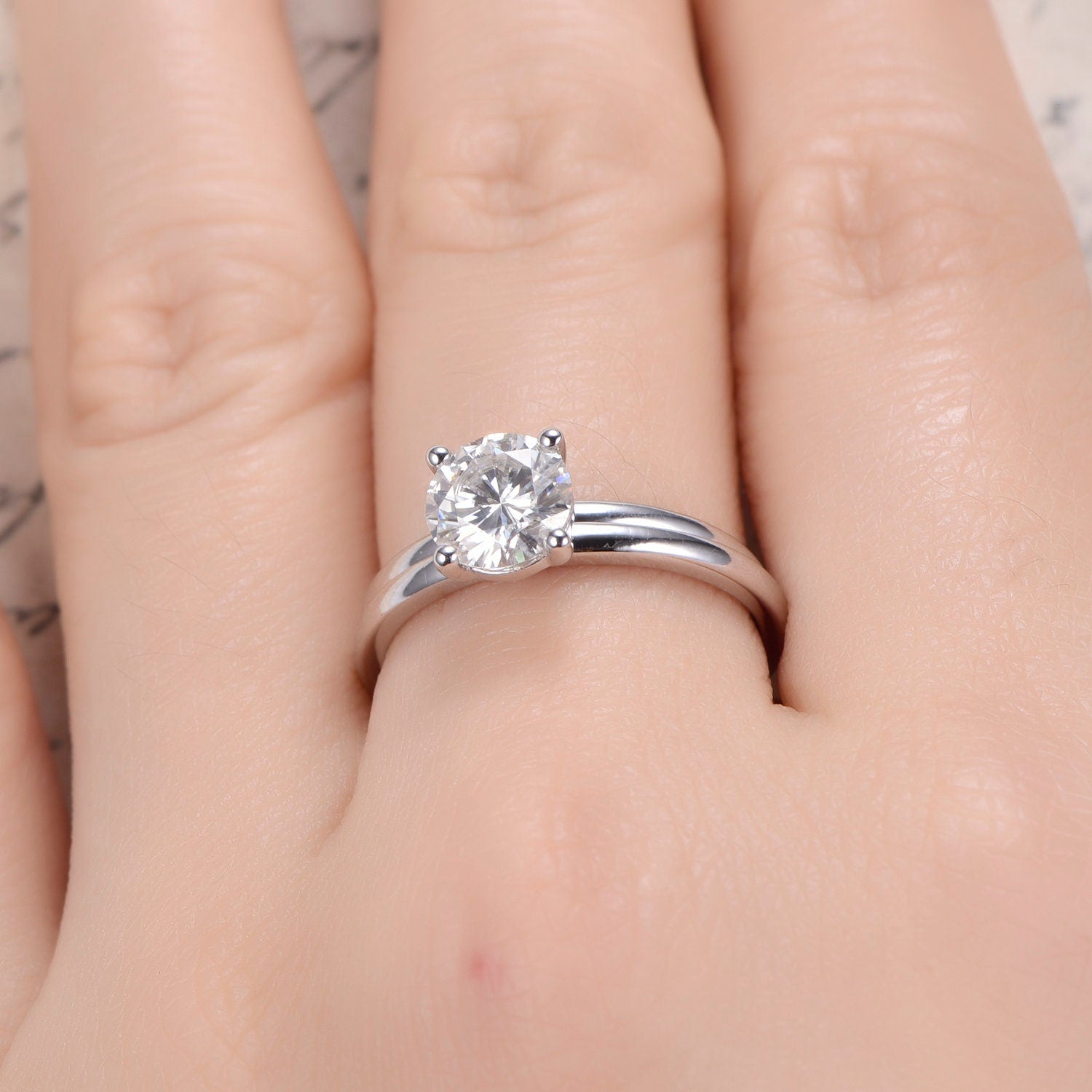 6.5mm-round-cut-moissanite-engagement-ring-set-2pcs-14k-white-gold-plain-band-solitaire-design