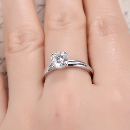6.5mm-round-cut-moissanite-engagement-ring-set-2pcs-14k-white-gold-plain-band-solitaire-design