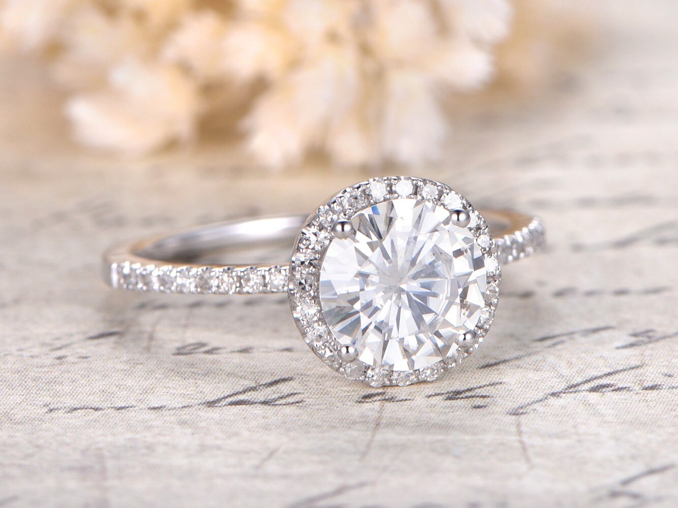 Bague de fiançailles en or blanc 14 carats massif, moissanite VVS 7 mm, alliance en diamants, bague de promesse, bague pour femme, style vintage
