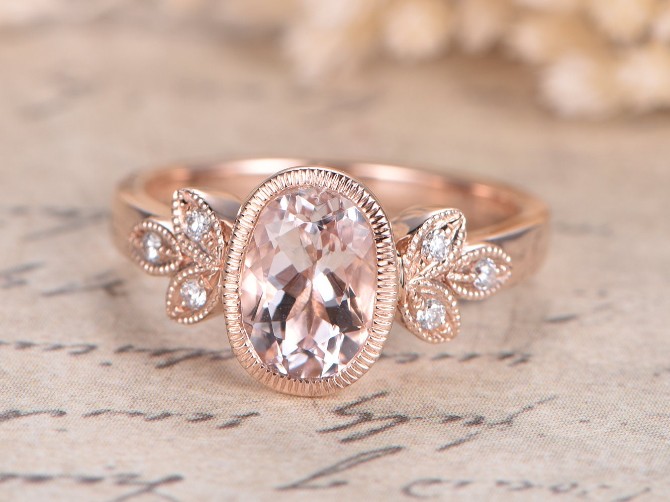 6x8mm Oval Cut Morganite Engagement Ring 14K Rose Gold Diamond Floral Plain Band