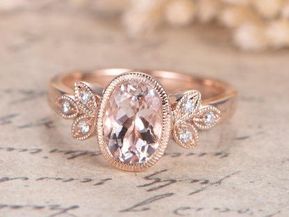 6x8mm Oval Cut Morganite Engagement Ring 14K Rose Gold Diamond Floral Plain Band
