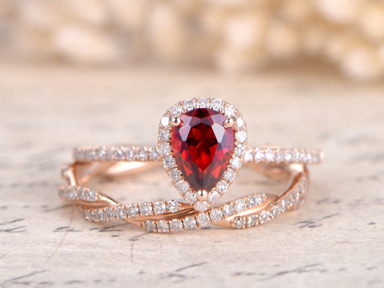 5x7mm Pear Cut Garnet Engagement Ring Set 2pcs 14K Rose Gold Diamond Halo | Full Eternity Twist Matching Band