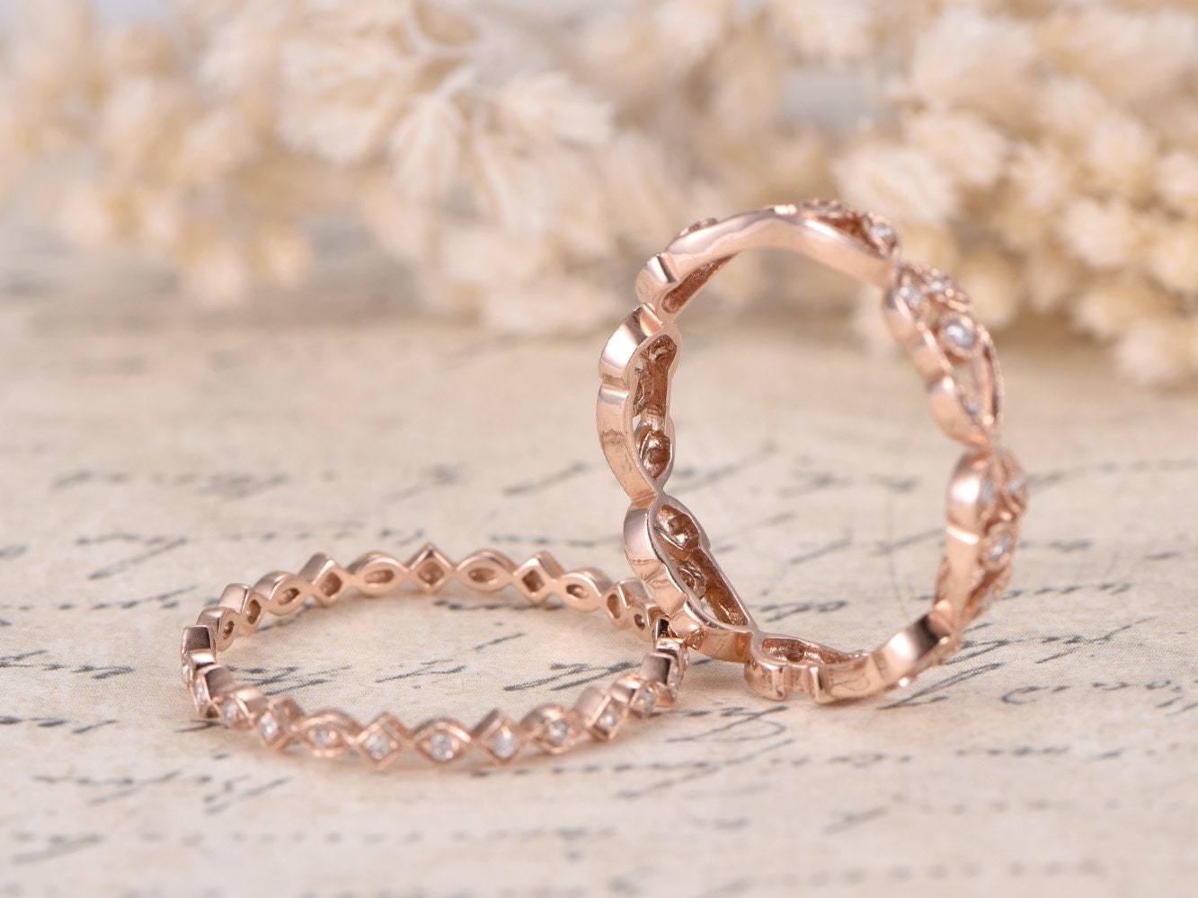 diamond-wedding-band-set-2pcs-14k-rose-gold-full-eternity-band-bezel-art-deco-design