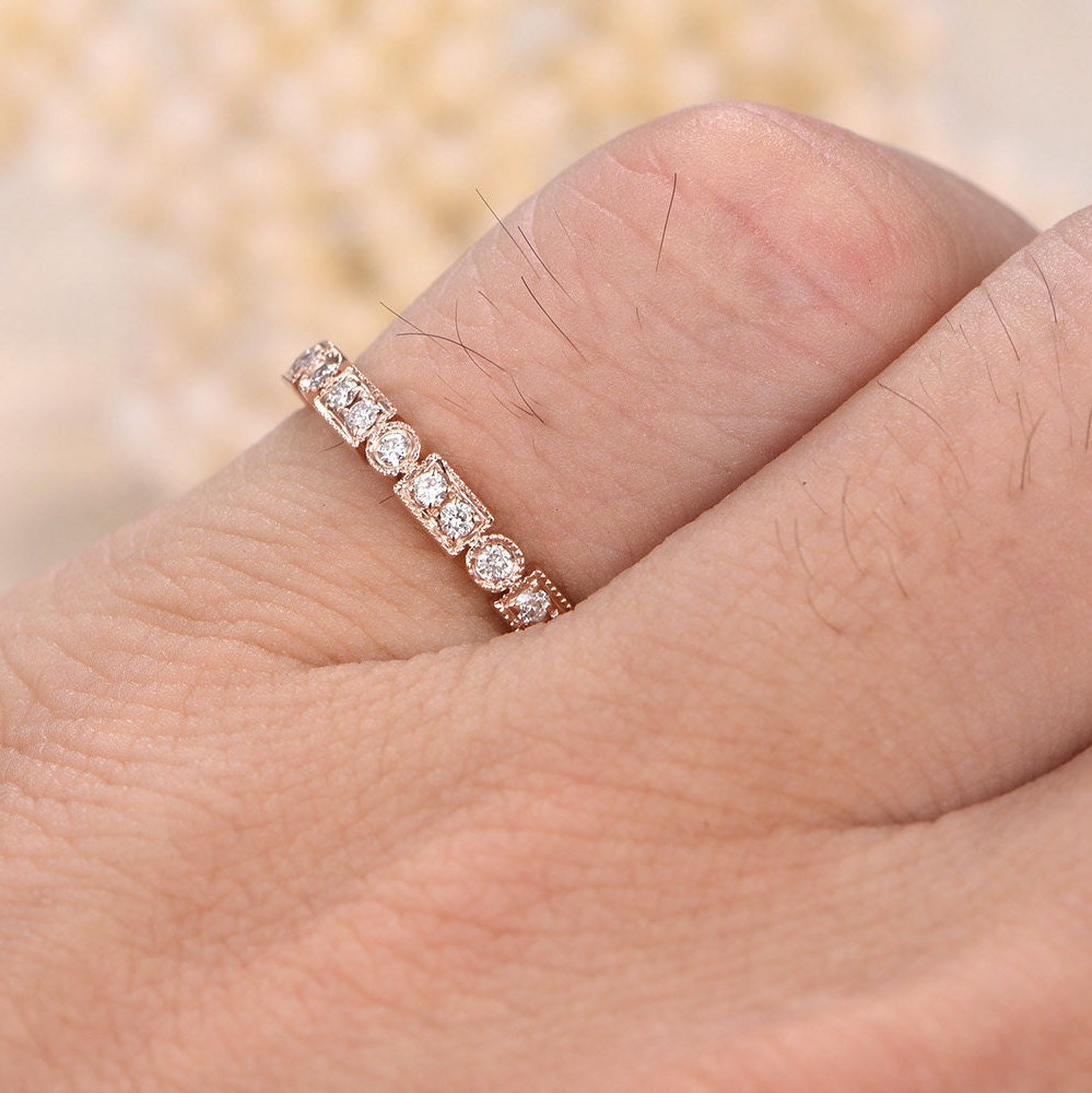 Bague de mariage Art Déco antique en or rose 14 carats, sertie de diamants, idéale pour la Saint-Valentin. Bague d'anniversaire, demi-alliance, sertie clos, bague empilable, cadeau pour la mère.