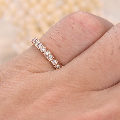 Bague de mariage Art Déco antique en or rose 14 carats, sertie de diamants, idéale pour la Saint-Valentin. Bague d'anniversaire, demi-alliance, sertie clos, bague empilable, cadeau pour la mère.