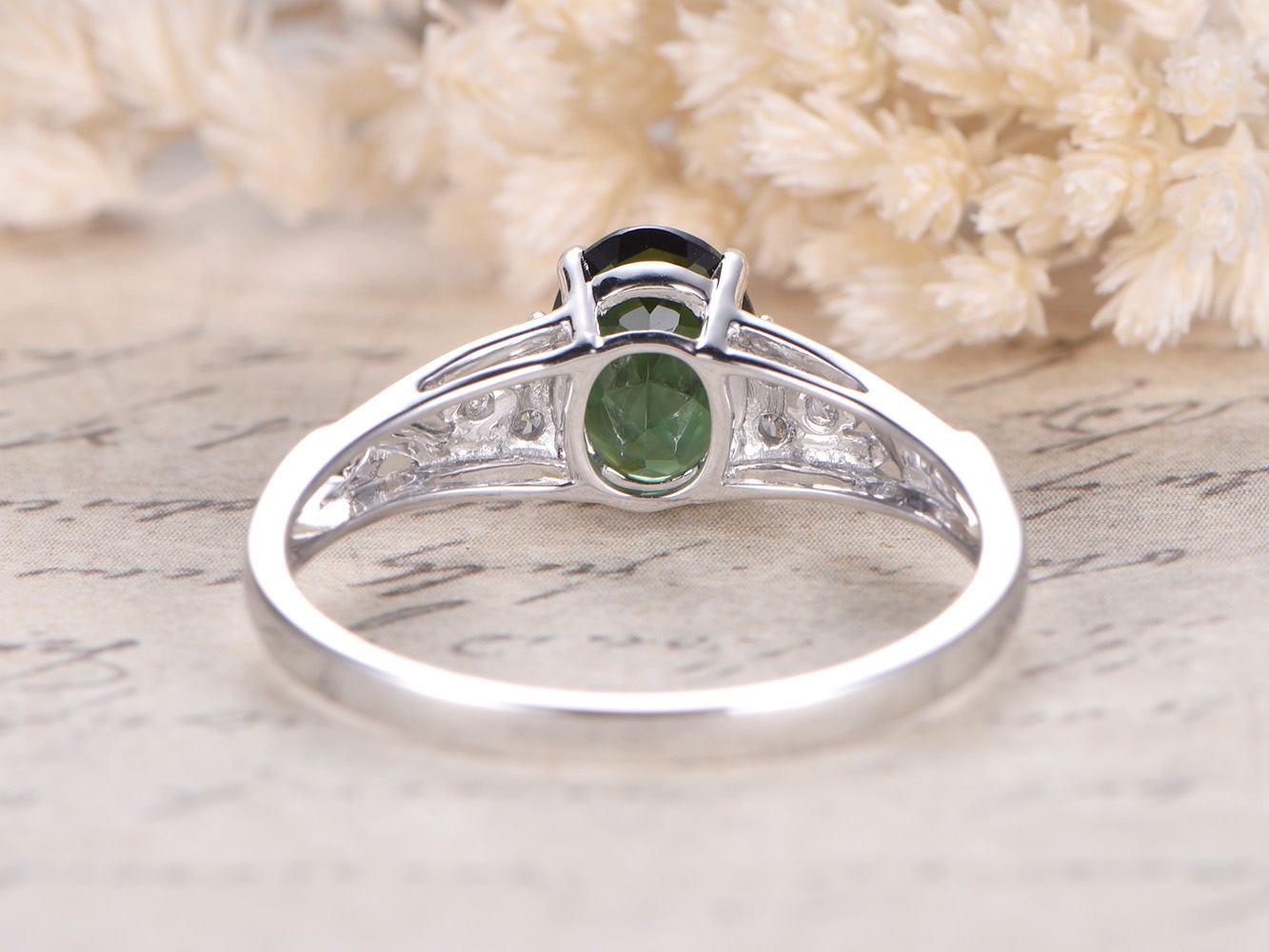 6x8mm Oval Cut Green Tourmaline Engagement Ring 14K White Gold Diamond Side Stone Plain Band