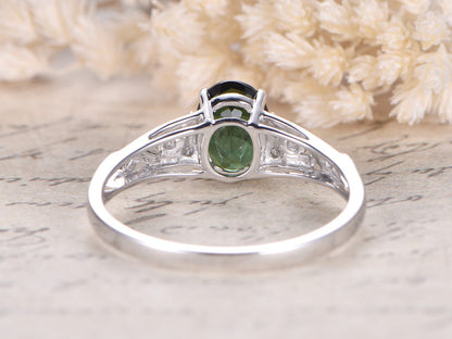 6x8mm Oval Cut Green Tourmaline Engagement Ring 14K White Gold Diamond Side Stone Plain Band