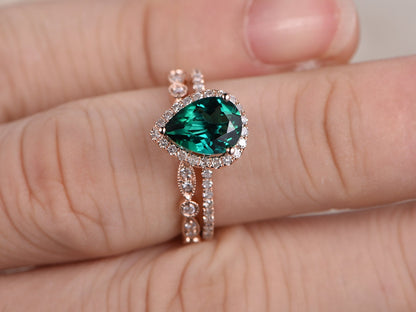 6x8mm-pear-cut-emerald-engagement-ring-set-2pcs-14k-rose-gold-diamond-halo-art-deco-matching-band
