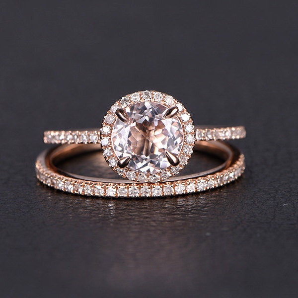 Bague de fiançailles en morganite ronde de 7 mm, alliance en or rose 14 carats massif avec diamants, style Art déco.