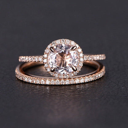 Bague de fiançailles en morganite ronde de 7 mm, alliance en or rose 14 carats massif avec diamants, style Art déco.