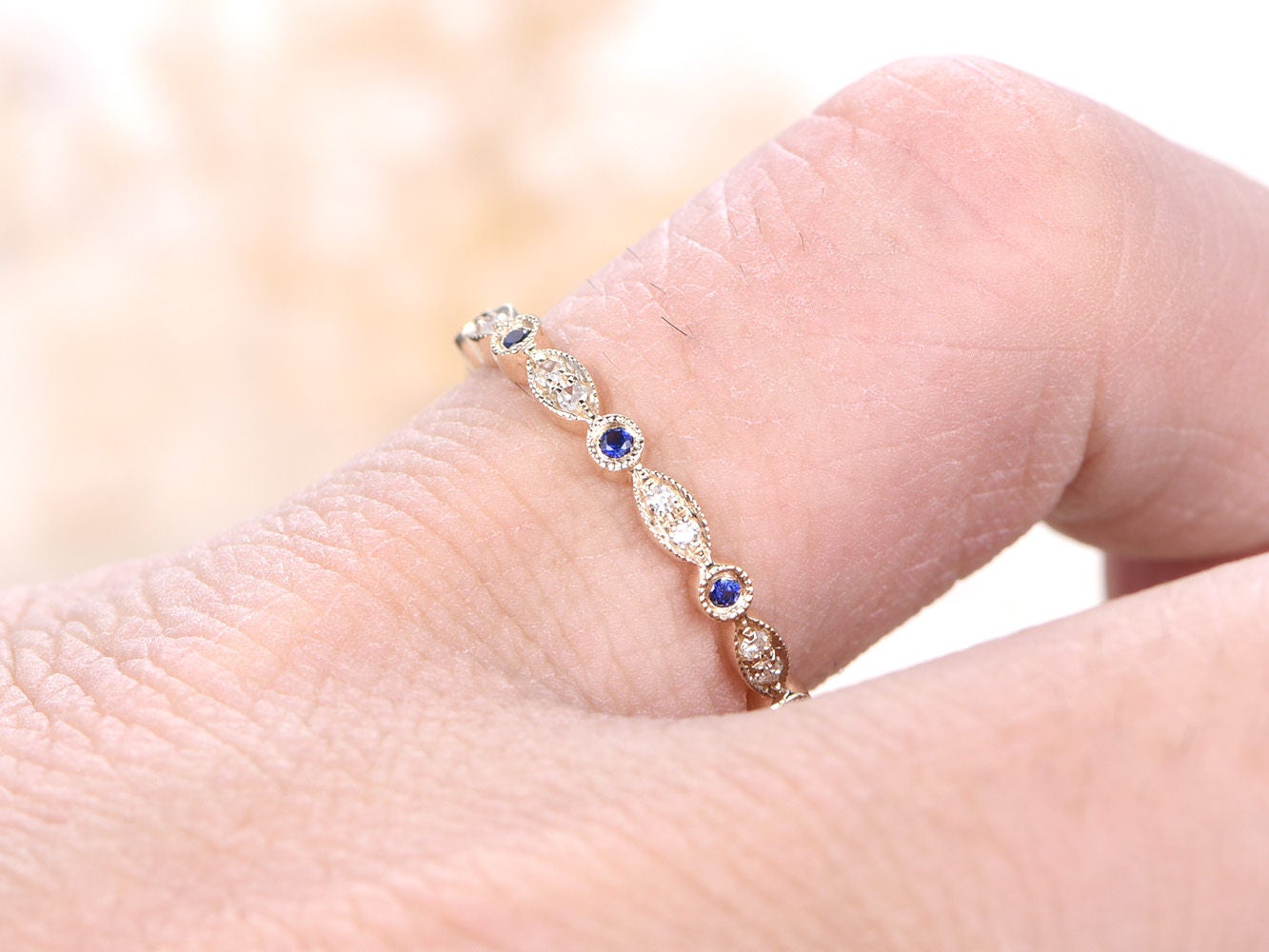 sapphire-wedding-band-14k-yellow-gold-full-eternity-band-bezel-diamond-milgrain-band-art-deco
