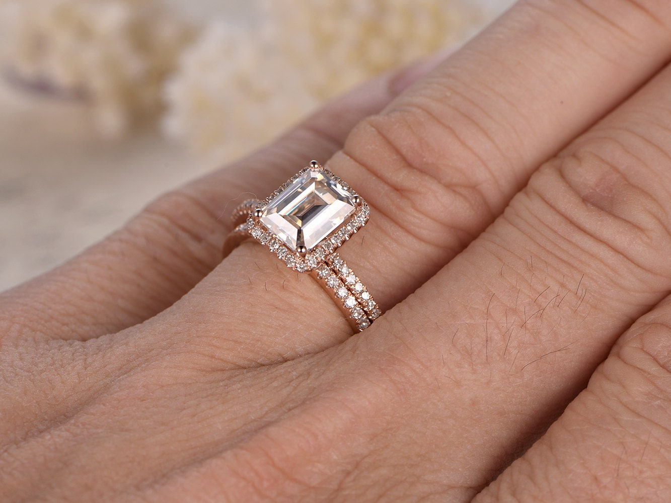 Bague de fiançailles en moissanite taille émeraude 6x8 mm, alliance en diamants, or rose 14 carats, design halo, ensemble de bagues de fiançailles demi-éternité