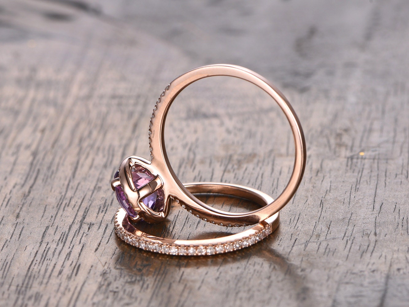 6.5mm Round Cut Amethyst Engagement Ring 2pcs 14K Rose Gold Half Eternity Band Design