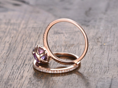 6.5mm Round Cut Amethyst Engagement Ring 2pcs 14K Rose Gold Half Eternity Band Design