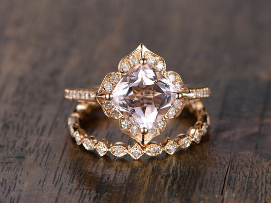 8mm Cushion Cut Moganite Engagement Ring Set 2pcs 14K Yellow Gold Diamond Halo | Art Deco Full Eternity Matching Band