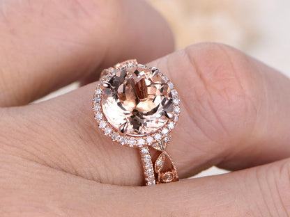 Ensemble de bagues en morganite ronde de 8 mm, bague de fiançailles en or rose 14 carats avec morganite et diamants, alliance sertie de diamants, bague sertie de diamants sur toute la longueur, bague ornée de diamants à motif floral