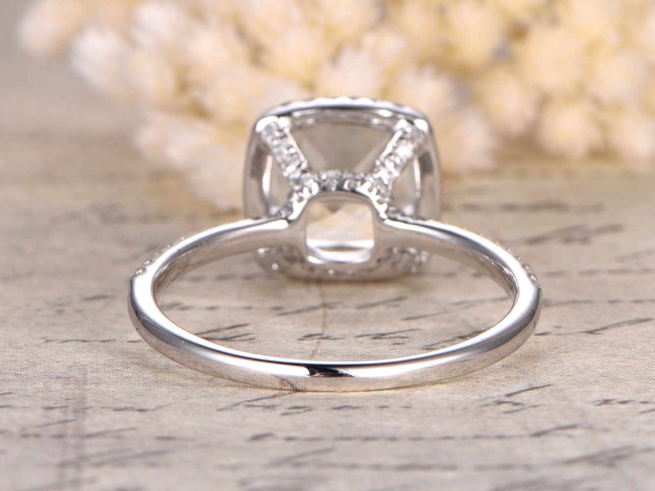 8mm Cushion Cut White Topaz Engagement Ring 14K White Gold Diamond Halo Design