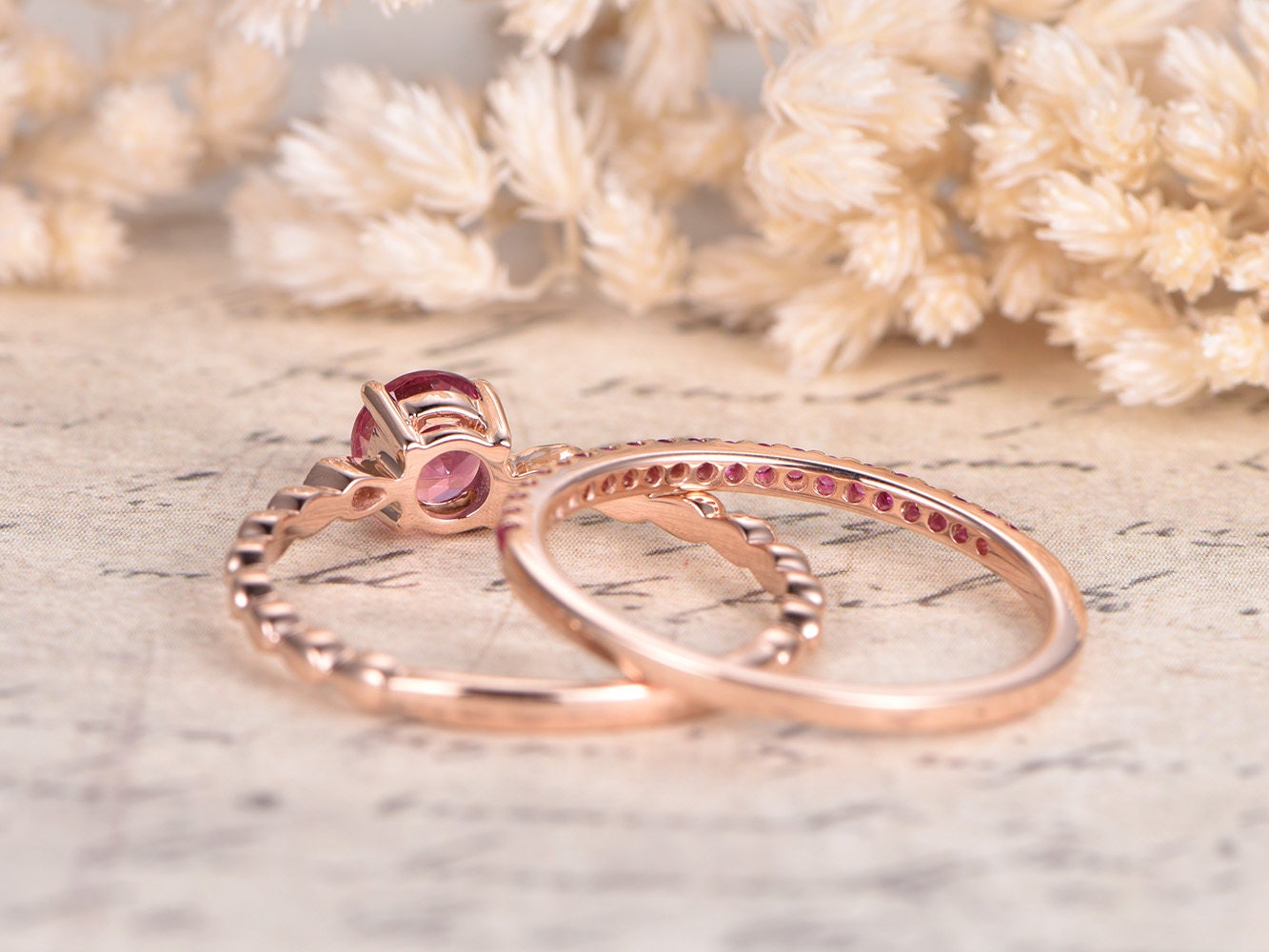5mm-round-cut-pink-tourmaline-engagement-ring-set-2pcs-14k-rose-gold-diamond-accent-ruby-thin-matching-band