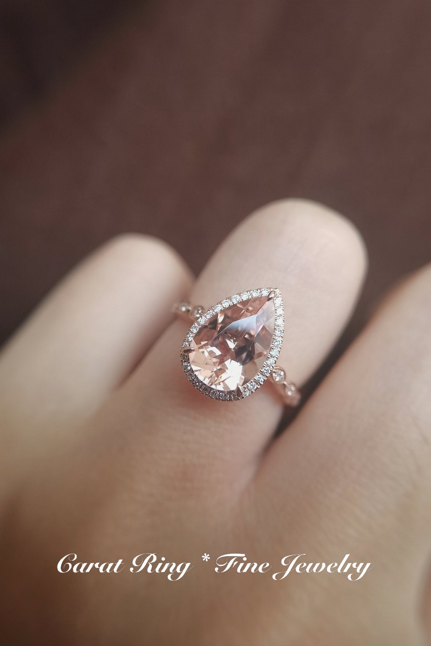 Bague de fiançailles en morganite taille poire, alliance style Art déco antique, pierre précieuse 8x12mm, bague de promesse, bague halo diamant, bague de mariée en or rose 14 carats