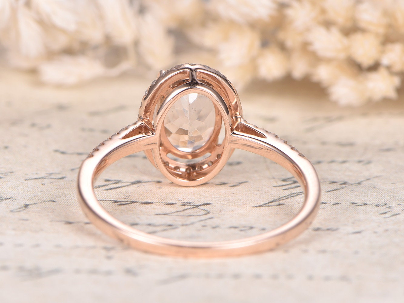 7x9mm Oval Cut Morganite Engagement Ring Vintage 14K Rose Gold Pave Set Diamond Halo