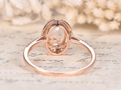 7x9mm Oval Cut Morganite Engagement Ring Vintage 14K Rose Gold Pave Set Diamond Halo