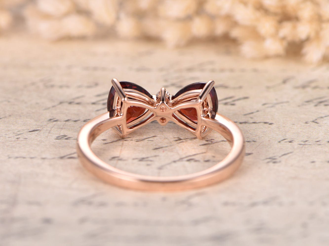 5mm-trillion-cut-garnet-engagement-ring-14k-rose-gold-bow-design-double-gemstone-diamond-accent-plain-band