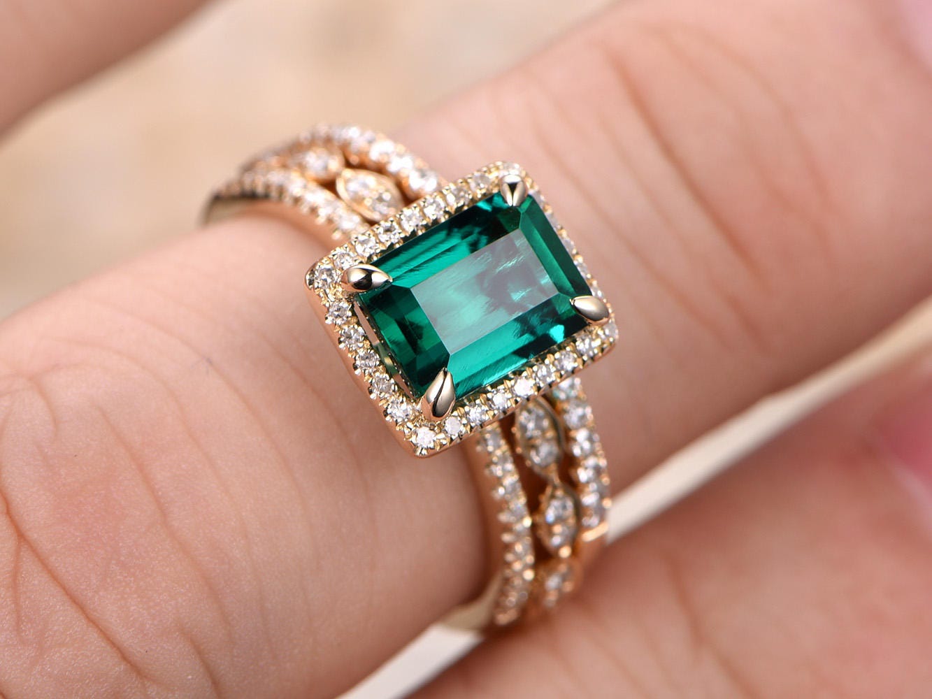 6x8mm-emerald-cut-emerald-engagement-ring-set-3pcs-14k-yellow-gold-diamond-halo-half-eternity-two-matching-band