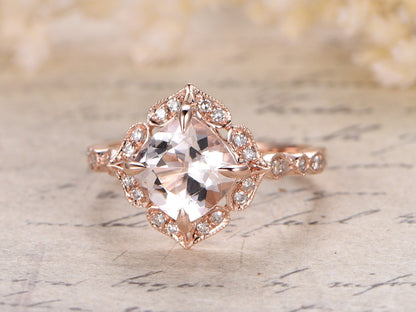 Bague de fiançailles en or rose 14 carats sertie de diamants pavés, alliance en morganite rose taille coussin de 8 mm, bague de mariée, bague de promesse