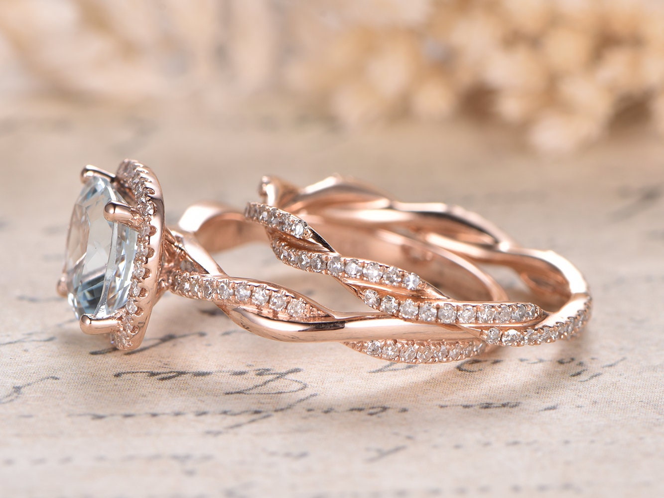 Bague de fiançailles en aigue-marine, anneau fendu serti de diamants, alliance sertie d'aigue-marine et de diamants, ensemble de 2 bagues de mariage.