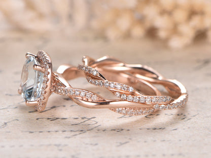 Bague de fiançailles en aigue-marine, anneau fendu serti de diamants, alliance sertie d'aigue-marine et de diamants, ensemble de 2 bagues de mariage.